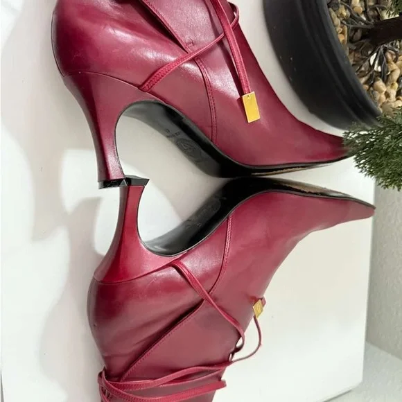 Versace Burgundy Leather Heeled Boots - Picture 9 of 12